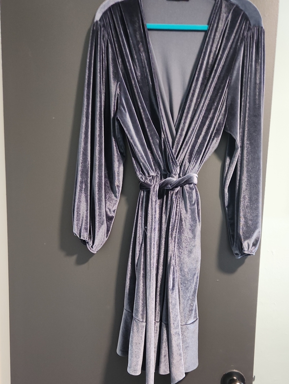 Dex Silver-Gray Velvet Wrap Dress with Self Tie